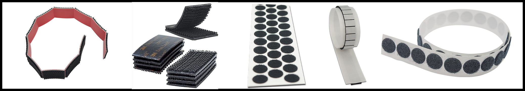 Examples of custom converted hook and loop strips, circles, squares and roll formats
